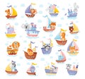 Cartoon Animal Characters in Sailor Hats Boating and Sailing Big Vector Set Royalty Free Stock Photo