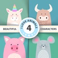 Cartoon animal characters unicorn, bull, pig, mouse