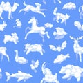 Cartoon animal clouds seamless pattern. Imagination kids elements, fluffy fauna shape, flying repeated white objects