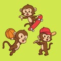 Cartoon animal design monkey playing basketball, skateboard and baseball