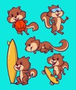 Cartoon animal design squirrels play basketball, wear goggles, sleep, surf and skateboard