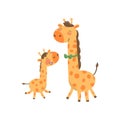 Cartoon animal family portrait. Father giraffe with green bow-tie and his funny baby. Happy parent and child. Flat