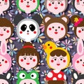 Cartoon animal head symmetry human face seamless pattern