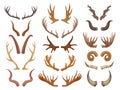 Cartoon animal horns, goat, reindeer, antelope and moose horn. Wild mammals antlers, hunting trophy flat vector symbols set.