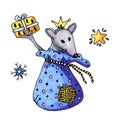 Cartoon animal rat, mouse, symbol 2020, prepared a surprise and gives gifts. Hand drawing watercolor illustration for