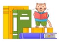 Cartoon animal schoolboy illustration. Smart cat in glasses with a book in his hands is reading Royalty Free Stock Photo