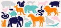 Cartoon animal silhouettes flat icons set. Abstract design of mammals. Shapes of duck, rabbit, snake, car, horse and pig