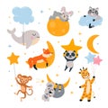 Cartoon animal sleep. Cute dream zoo baby on moon, stars and clouds. Sleeping forest animals, fox, giraffe and koala