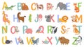 Cartoon animals alphabet for kids. Learn letters with funny animal, zoo ABC and english alphabet for kids vector Royalty Free Stock Photo