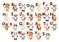 Cartoon animals with alphabet letters banner. Template lion with poster greets amazed squirrel with training font.