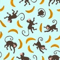 Cartoon animals and bananas isolated on the blue background. Vector Illustration. Hand drawn zoo seamless pattern with monkeys Royalty Free Stock Photo