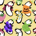 Cartoon animals carnival seamless penguin and pumpkins and frogs and strawberry pattern for wrapping paper