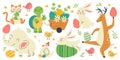 Cartoon animals carry easter eggs flat icons set. Different spring holidays elements. Cute rabbit, turtle, cat, chicks Royalty Free Stock Photo