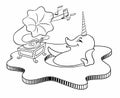 Cartoon animals. Cartoon narwhal music lover listens to the gramophone. Cheerful narwhal on an ice floe. Vector outline image for