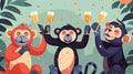 Cartoon animals celebrating the holiday night with champagne in wineglasses, postcard design. Cute cool monkey and lemur