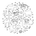 Cartoon animals creatures set African Black and white graphic vector illustration in the line style circle background Royalty Free Stock Photo