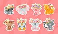 Cartoon Animals with Floral Wreath on Head Vector Sticker Set Royalty Free Stock Photo