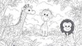 Cute Cartoon Giraffe, Monkey, and Gorilla in Jungle Line Art Coloring Page Royalty Free Stock Photo