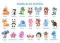 Cartoon animals. Language learning. Kids education. Funny creatures with Spanish inscriptions. Cute hippo and turtle