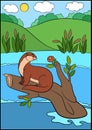 Cartoon animals. Little cute otter sits on the tree branch in the river