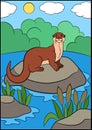 Cartoon animals. Little cute otter stands on the stone in the river