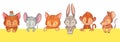 Cartoon animals looking out. Cute dog with bow, mouse, cat and rabbit, monkey and rat. Adorable pet heads