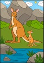 Cartoon animals. Mother kangaroo with her little cute baby. Royalty Free Stock Photo