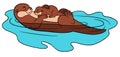 Cartoon animals. Mother otter swims with her sleeping cute baby Royalty Free Stock Photo