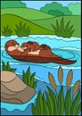 Cartoon animals. Mother otter swims with her sleeping cute baby Royalty Free Stock Photo