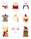 Cartoon animals: mouse, panda and puppy in Santa`s hat; rabbit with Christmas toys; bear and giraffe in scarf; cat in sweater;