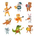 Cartoon animals musicians, performing animal with musical instruments. Isolated giraffe, crocodile and bear play music Royalty Free Stock Photo