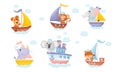 Cartoon Animals in Sailor Hats Boating and Sailing Vector Set