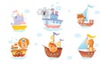 Cartoon Animals in Sailor Hats Boating and Sailing Vector Set Royalty Free Stock Photo