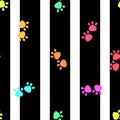 Cartoon animals seamless footprints dig and cat and polka dots and hearts pattern for wrapping paper and kids