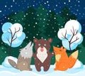 Animals Like Bear, Wolf and Fox in Winter Forest