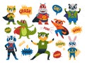 Cartoon animals superhero stickers. Baby animal hero with super power, cute wild strong superman. Flying creatures Royalty Free Stock Photo