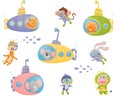 Cartoon Animals Swimming Under Water on Submarine and Wearing Diving Suit Vector Illustrations Set Royalty Free Stock Photo