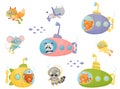 Cartoon Animals Swimming Under Water on Submarine and Wearing Diving Suit Vector Illustrations Set