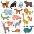 Cartoon animals. Tiger, monkey and bear, elephant and lion, crocodile and deer, hare forest and tropical cute animal Royalty Free Stock Photo