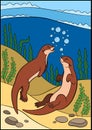 Cartoon animals. Two little cute otters swim in the river