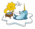 Cartoon animals. Vector color image isolated on white. Cartoon narwhal music lover listens to the gramophone. Cheerful narwhal on