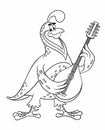 Cartoon animals. Vector outline image for coloring, isolated on white. Cartoon quail plays the mandolin. Cartoon quail is a