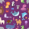 Cartoon animals wildlife wallpaper zoo wild characters background for kids illustration vector seamless pattern