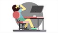 Cartoon animation of an angry woman sitting at a computer, slams fist on table and drinks coffee. Stressed manager girl