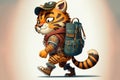 Cartoon animation of young tiger with backpack explorer. Royalty Free Stock Photo