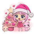 Cartoon anime Girl with pink Christmas tree