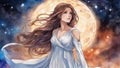 cartoon anime-inspired, anime A beautiful woman in a galaxy nebula, painted with watercolor. She has long brown hair Royalty Free Stock Photo