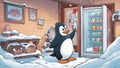 cartoon anime-inspired, anime A girl opens a fridge and sees a penguin in the snow opening a fridge. The image is a humorous