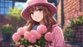 cartoon anime-inspired, anime A lovely anime girl with long brown hair and blue eyes, wearing a pink sweater and a hat.