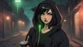 cartoon anime-inspired, anime A moody young woman with short black hair and green eyes, wearing a black hoodie